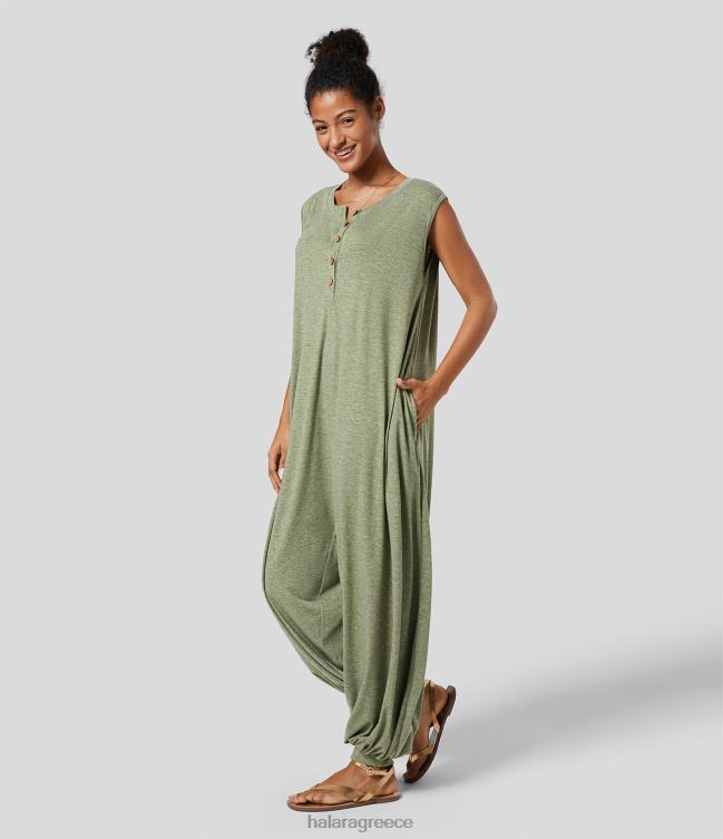 henley λαιμόκοψη αμάνικη πλαϊνή τσέπη χαλαρωτική φόρμα χαρέμι γυναίκες Halara 4TH822072 είδη ένδυσης ανοιχτό πράσινο floral νήμα