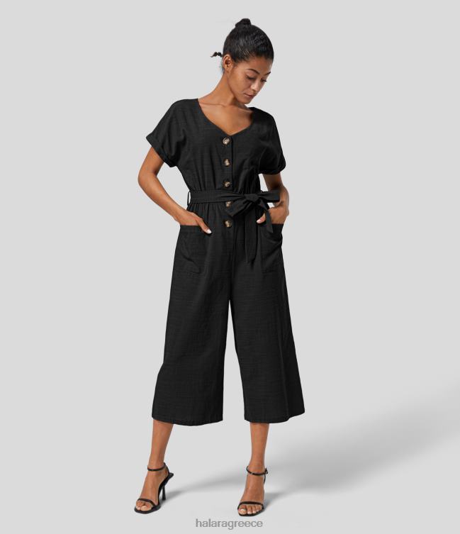 v λαιμόκοψη με κοντό μανίκι και πλαϊνή τσέπη με ζώνη με φαρδύ πόδι casual βαμβακερή φόρμα γυναίκες Halara 4TH822083 είδη ένδυσης μαύρος