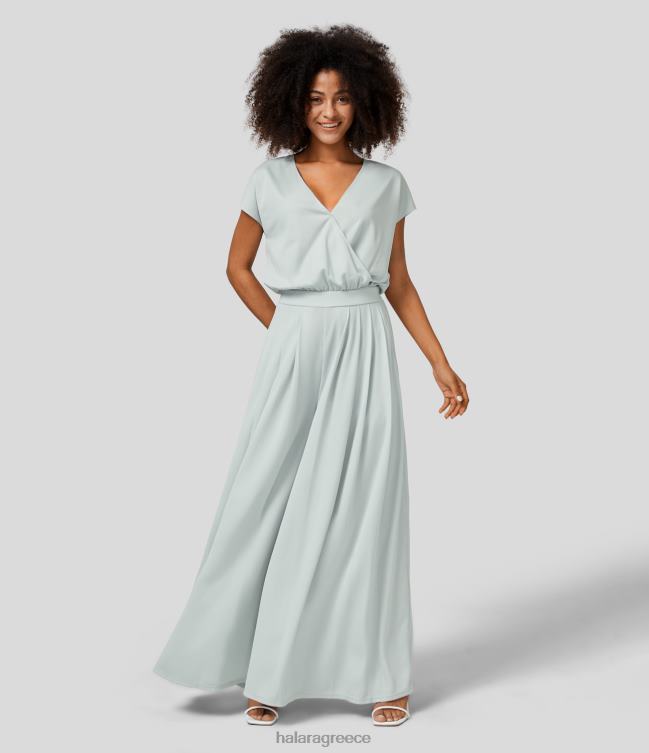 v λαιμόκοψη κοντό μανίκι πλαϊνή τσέπη φαρδύ πόδι flowy βάφλα casual ολόσωμη φόρμα γυναίκες Halara 4TH822069 είδη ένδυσης παγετός καθαρή ομίχλη