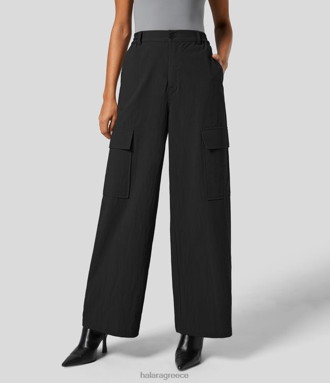 Βαμβακερό παντελόνι εργασίας με ψηλόμεσο φερμουάρ με πολλές τσέπες γυναίκες Halara 4TH82210 είδη ένδυσης μαύρος