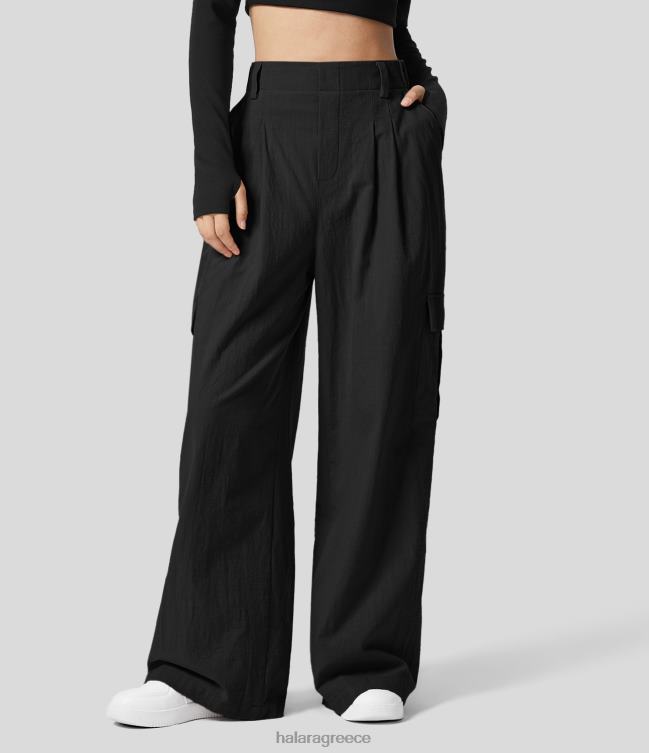 Ψηλόμεση πλαχτές πολλαπλές τσέπες φαρδύ μπατζάκι, μασίφ, καθημερινό βαμβακερό παντελόνι Palazzo γυναίκες Halara 4TH82185 είδη ένδυσης μαύρος