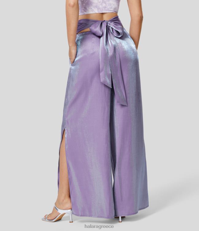 Ψηλόμεση ρουχαλωτή γραβάτα πίσω αόρατη τσέπη με φερμουάρ στο πλάι, μοιρασμένη με φαρδύ πόδι, casual παντελόνι με λάμψη γυναίκες Halara 4TH82152 είδη ένδυσης ραψωδία