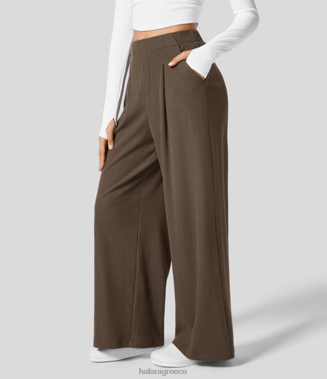 ριμπ πλεκτό ψηλόμεσο πλισέ πλαϊνή τσέπη φαρδύ casual παντελόνι γυναίκες Halara 4TH82169 είδη ένδυσης χοντρό γήινο καφέ