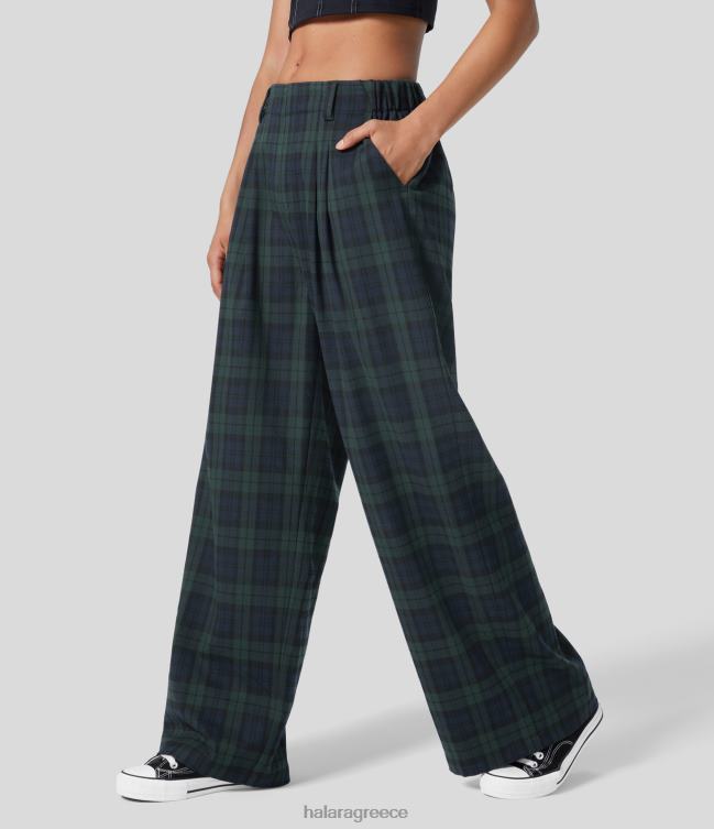 Ψηλόμεση πλαϊνή τσέπη καρό φαρδύ casual παντελόνι γυναίκες Halara 4TH82175 είδη ένδυσης μπλε πράσινο καρό
