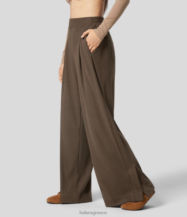 ριμπ πλεκτό, ψηλόμεσο, πλισέ με πολλαπλές τσέπες με σχισμένο στρίφωμα, φαρδύ casual παντελόνι γυναίκες Halara 4TH82187 είδη ένδυσης χοντρό γήινο καφέ