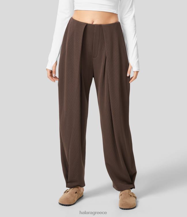 casual παντελόνι με ραβδώσεις με ψηλόμεση πλαϊνή τσέπη με ρυθμιζόμενο στρίφωμα με κουμπί γυναίκες Halara 4TH82451 είδη ένδυσης κάστανο