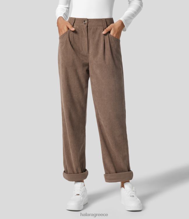 κοτλέ casual παντελόνι με ψηλόμεσο φερμουάρ στο πλάι τσέπη γυναίκες Halara 4TH82461 είδη ένδυσης καφέ κακάο