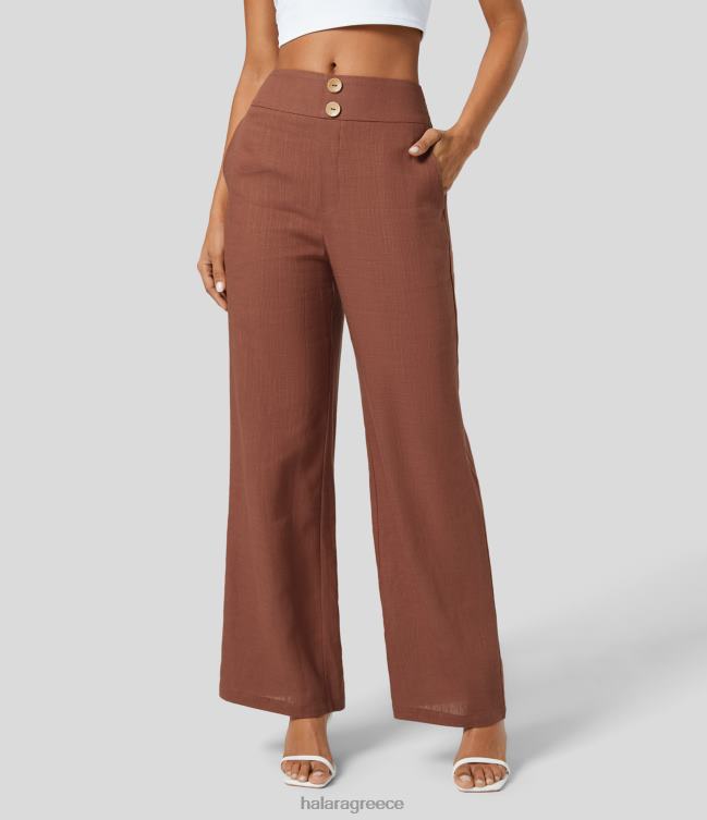 Ψηλόμεσο με κουμπιά πλαϊνή τσέπη σε ίσιο πόδι casual λινό παντελόνι γυναίκες Halara 4TH82465 είδη ένδυσης μαύρος