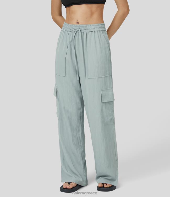 μεσαίο κορδόνι περίσφιξης με πολλαπλές τσέπες με χωριστά φαρδιά μπατζάκια casual cargo βαμβακερό παντελόνι γυναίκες Halara 4TH82181 είδη ένδυσης λιμάνι γκρι