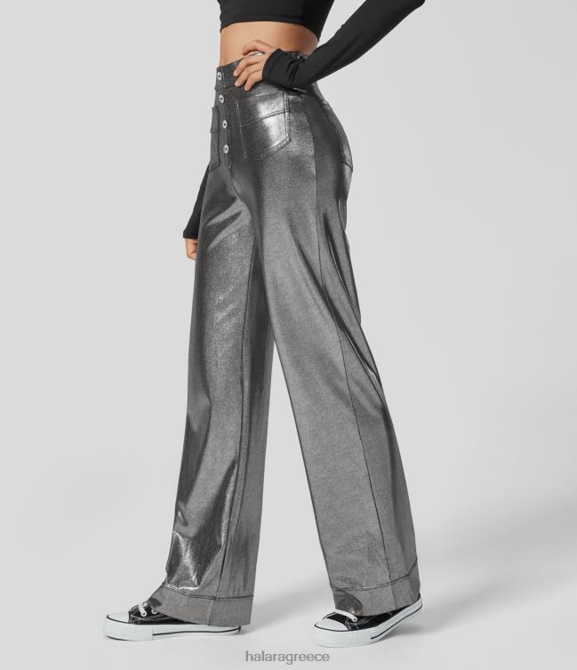 softlyzero ψεύτικο δέρμα ψηλόμεσο διακοσμητικό κουμπί με πολλαπλές τσέπες μεταλλικό φύλλο με στάμπα ελαστικό ίσιο παντελόνι για πάρτι γυναίκες Halara 4TH82460 είδη ένδυσης γυαλιστερό μαύρο ασημί