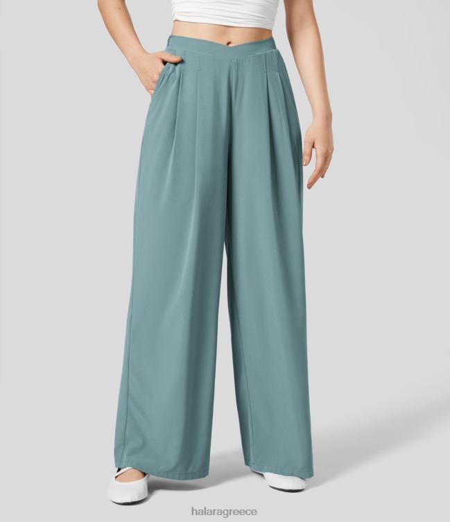 άνετο ψηλόμεσο σε σχήμα v πλαϊνή τσέπη με φαρδύ πόδι palazzo γρήγορο στέγνωμα casual παντελόνι γυναίκες Halara 4TH82229 είδη ένδυσης πέτρινο μπλε