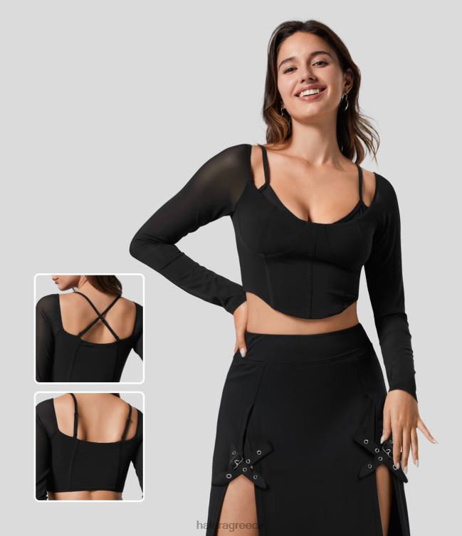 διαφανές ρυθμιζόμενο λουράκι χωρίς πλάτη, μακρυμάνικο διχτυωτό κορσέ cropped casual top γυναίκες Halara 4TH821973 είδη ένδυσης μαύρος