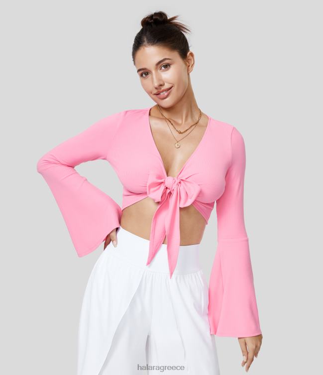 ριμπ πλεκτό v λαιμόκοψη γραβάτα μπροστά flare μακρυμάνικο cropped casual τοπ γυναίκες Halara 4TH821978 είδη ένδυσης κοραλί ροζ