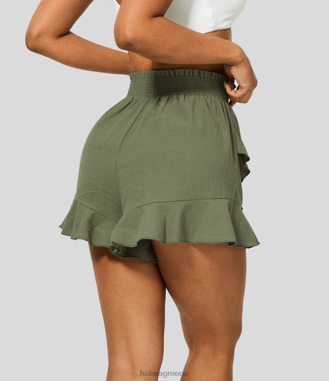 Βαμβακερό σορτς με ψηλόμεσο βολάν με βολάν γυναίκες Halara 4TH821263 είδη ένδυσης loden green