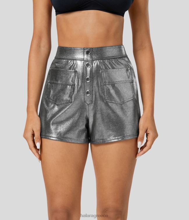 softlyzero ψεύτικο δέρμα ψηλόμεσο διακοσμητικό κουμπί με πολλαπλές τσέπες μεταλλικό φύλλο με στάμπα ελαστικό casual σορτς γυναίκες Halara 4TH821539 είδη ένδυσης γυαλιστερό μαύρο ασημί