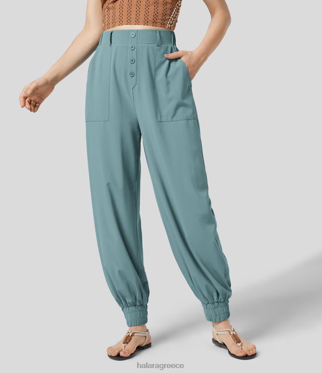 άνετη ψηλόμεση τσέπη με κουμπί στο πλάι για τζόγκερ θερέτρου γρήγορου στεγνώματος γυναίκες Halara 4TH8252 είδη ένδυσης πέτρινο μπλε