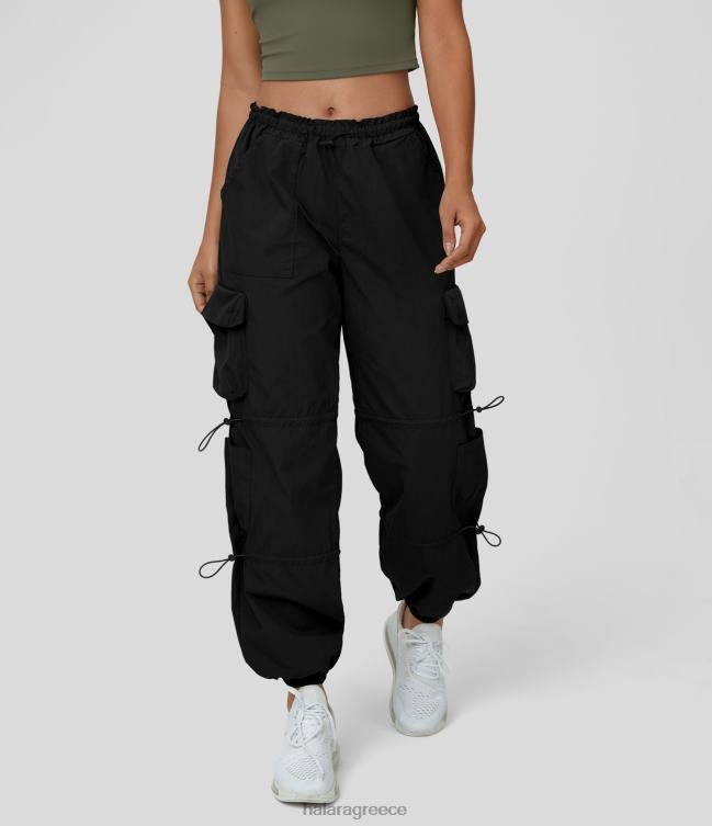 μεσαίο κορδόνι περίσφιξης με πολλές τσέπες casual cotton cargo joggers γυναίκες Halara 4TH829 είδη ένδυσης μαύρος