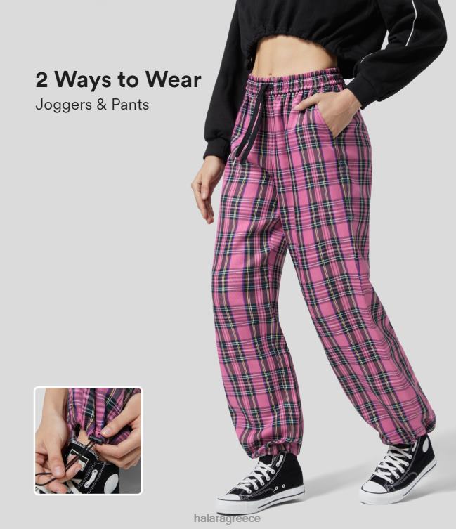 μεσαίο κορδόνι περίσφιξης με πολλαπλές τσέπες ρυθμιζόμενο καρό κορδόνι περίσφιξης casual joggers γυναίκες Halara 4TH82100 είδη ένδυσης ροζ ταρτάν