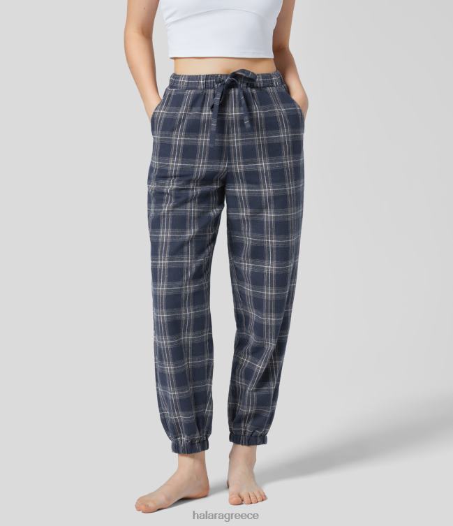 μεσαίο κορδόνι περίσφιξης με πολλές τσέπες καρό casual βαμβακερά joggers γυναίκες Halara 4TH8233 είδη ένδυσης μελάνι μπλε τετράγωνο