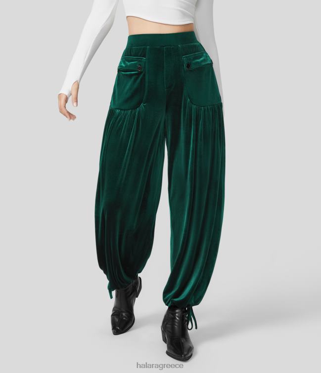 Ψηλόμεση μπροστινή πλαϊνή τσέπη με διπλό ρυθμιζόμενο στρίφωμα βελούδινο casual joggers γυναίκες Halara 4TH8296 είδη ένδυσης τροπικό δάσος