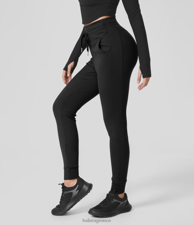 softlyzero ραβδώσεις ψηλόμεσο κορδόνι περίσφιξης πλαϊνή τσέπη μονόχρωμο, απλό τζόγκερ γυναίκες Halara 4TH8257 είδη ένδυσης μαύρος