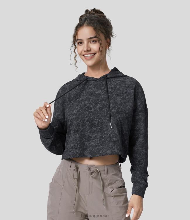κορδόνι περίσφιξης με κουκούλα πεσμένο στον ώμο κομμένο πλυμένο casual βαμβακερό αθλητικό φούτερ γυναίκες Halara 4TH821963 ενεργά ρούχα σκούρο καπνό γκρι
