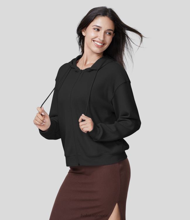 casual βαμβακερό αθλητικό φούτερ με κουκούλα βάφλα με κορδόνι περίσφιξης γυναίκες Halara 4TH821992 ενεργά ρούχα μαύρος