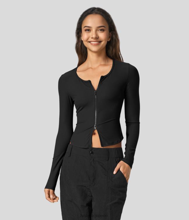 με ραβδώσεις στρογγυλή λαιμόκοψη με φερμουάρ 2 κατευθύνσεων με μακρύ μανίκι αθλητικό τοπ γιόγκα γυναίκες Halara 4TH821874 ενεργά ρούχα μαύρος