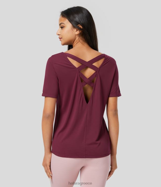 κοντομάνικο αθλητικό μπλουζάκι γιόγκα με σταυρωτό εξώπλατο γυναίκες Halara 4TH821810 ενεργά ρούχα ροδοδάφνη
