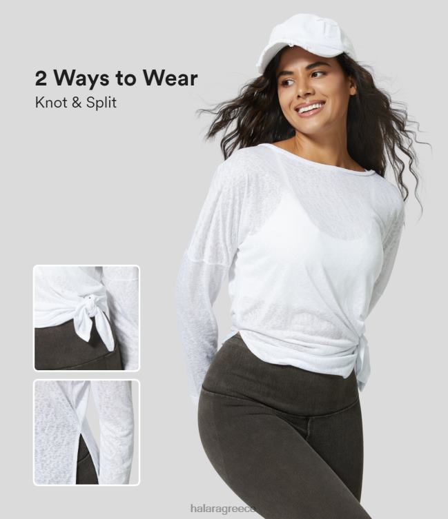 στρογγυλή λαιμόκοψη πεσμένος ώμος χωρισμένο στρίφωμα ζακάρ αθλητικό μπλουζάκι γιόγκα γυναίκες Halara 4TH821827 ενεργά ρούχα άσπρο