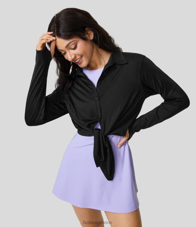 κολάρο κουμπί τρύπα αντίχειρα δροσερό άγγιγμα casual αθλητικό τοπ γυναίκες Halara 4TH821880 ενεργά ρούχα μαύρος