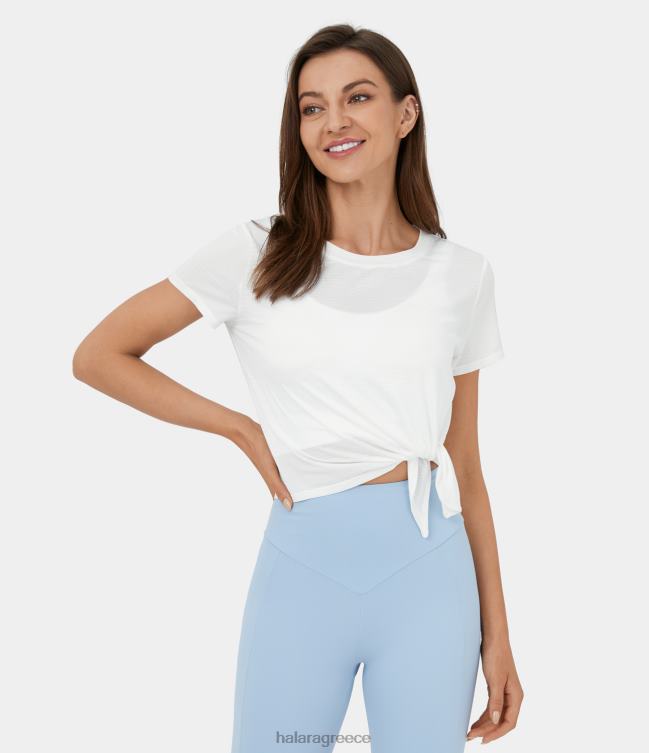 διαφανές κοντομάνικο ασύμμετρο σπαστό στρίφωμα ζακάρ cropped αθλητικό τοπ γυναίκες Halara 4TH821798 ενεργά ρούχα άσπρο