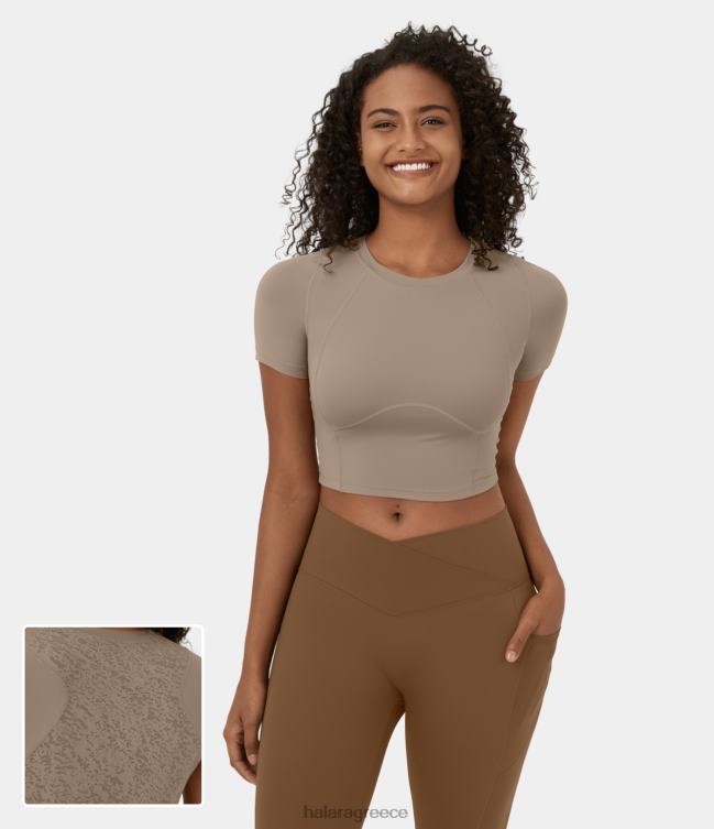 στρογγυλή λαιμόκοψη κοντομάνικο ζακάρ cropped αθλητικό μπλουζάκι γιόγκα γυναίκες Halara 4TH821889 ενεργά ρούχα αμύγδαλο