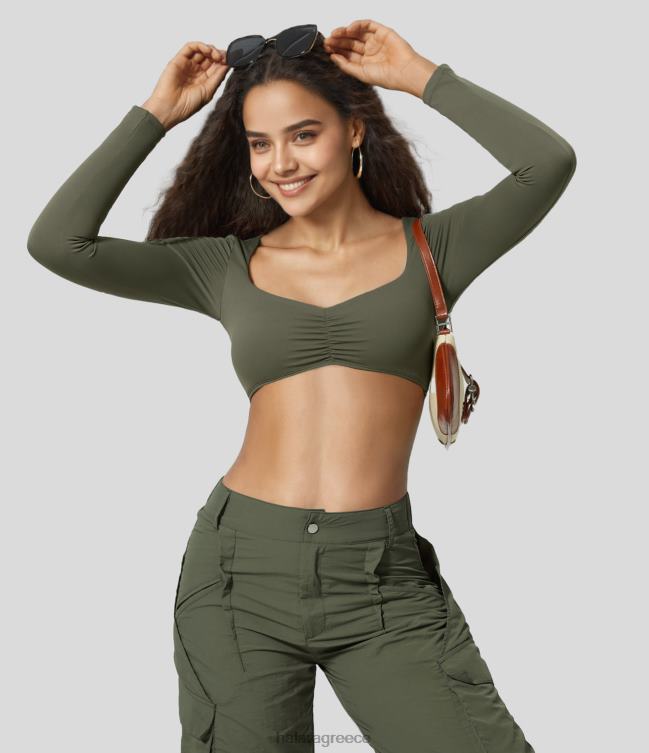 τετράγωνο λαιμόκοψη μακρυμάνικο cropped αθλητικό μπλουζάκι γιόγκα γυναίκες Halara 4TH821901 ενεργά ρούχα γήινο πράσινο