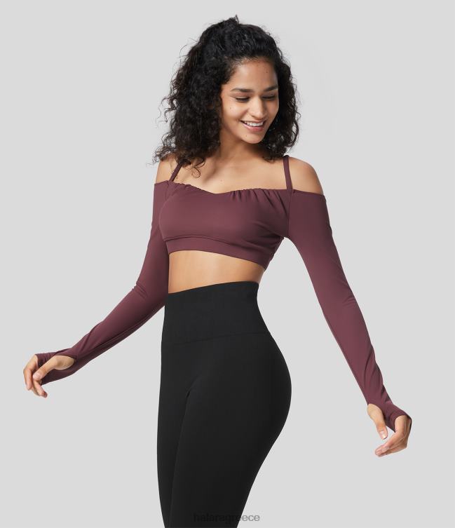 softlyzero βελούδινο κρύο μπλουζάκι με μακρύ μανίκι τρύπα για τον αντίχειρα κομμένο αθλητικό μπλουζάκι γιόγκα γυναίκες Halara 4TH821891 ενεργά ρούχα κόκκινο μαόνι