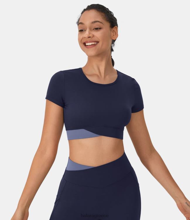 softlyzero βελούδινη στρογγυλή λαιμόκοψη crossover χρώματος μπλοκ cropped αθλητικό τοπ γυναίκες Halara 4TH821914 ενεργά ρούχα παγώνι