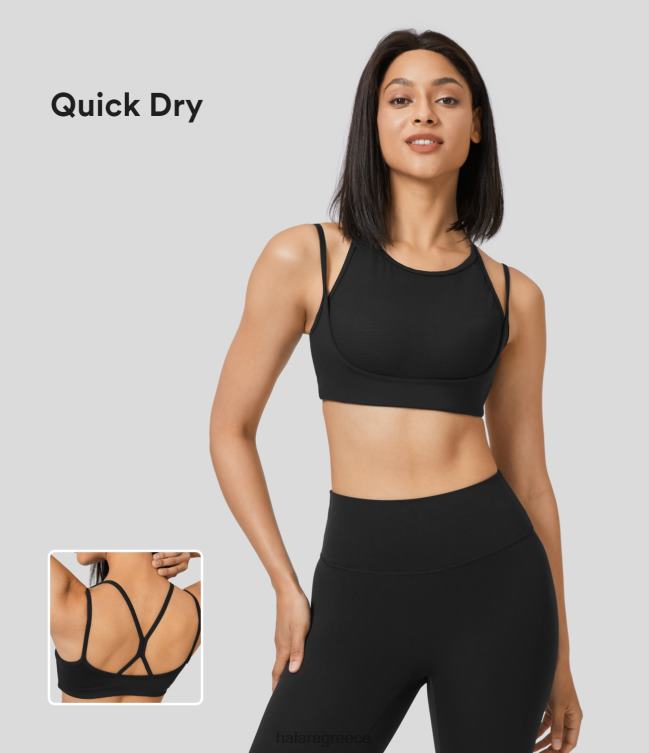 Speedwave μεσαία στήριξη με στρογγυλή λαιμόκοψη, δίχτυ αντίθεσης, γρήγορου στεγνώματος, αθλητικό σουτιέν γυναίκες Halara 4TH821608 ενεργά ρούχα μαύρος