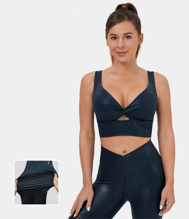 softlyzero ψεύτικο δέρμα χαμηλής στήριξης με στριφτό κομμένο φύλλο χωρίς πλάτη τύπωμα ελαστικό αθλητικό σουτιέν γιόγκα γυναίκες Halara 4TH821540 ενεργά ρούχα γυαλιστερό μεσάνυχτα μπλε