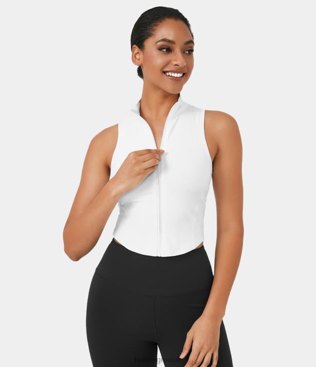 μπλοκ λαιμόκοψη φερμουάρ μπροστά αμάνικο cropped μπλουζάκι γυναίκες Halara 4TH821724 ενεργά ρούχα άσπρο