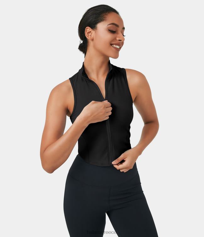 μπλοκ λαιμόκοψη φερμουάρ μπροστά αμάνικο cropped μπλουζάκι γυναίκες Halara 4TH821751 ενεργά ρούχα μαύρος