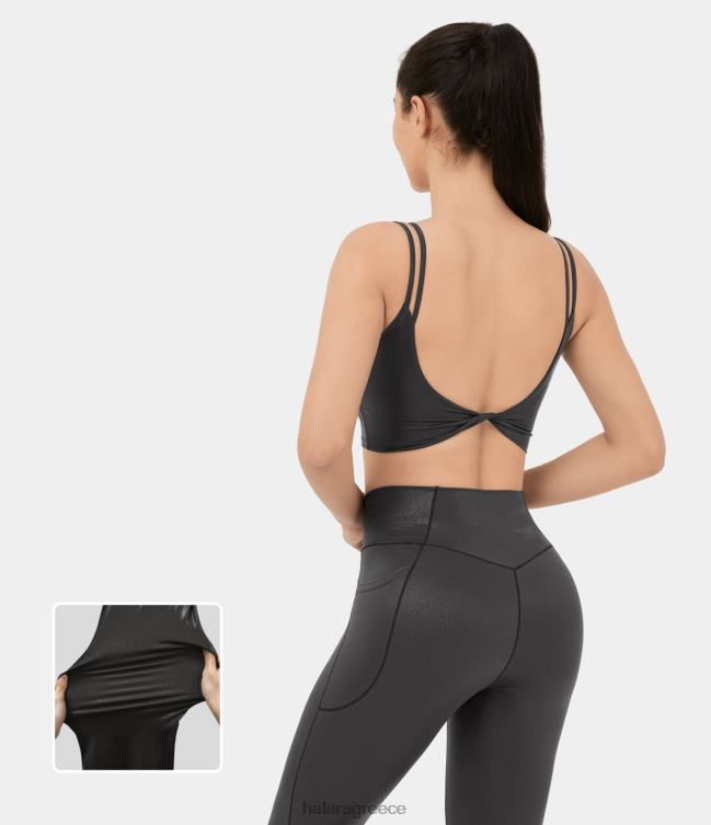 softlyzero από ψεύτικο δέρμα διπλούς ιμάντες χωρίς πλάτη στριφτό αλουμινόχαρτο τύπωμα ελαστικό cropped top tank γιόγκα γυναίκες Halara 4TH821547 ενεργά ρούχα γυαλιστερό σούρουπο μαύρο