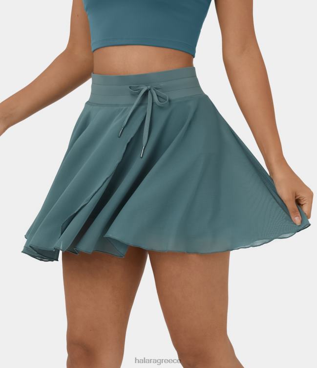 Ψηλόμεσο κορδόνι περίσφιξης με πλέγμα αντίθεσης 2 σε 1 πλαϊνή τσέπη flowy mini flare casual φούστα γυναίκες Halara 4TH82497 ενεργά ρούχα πέτρινο πράσινο