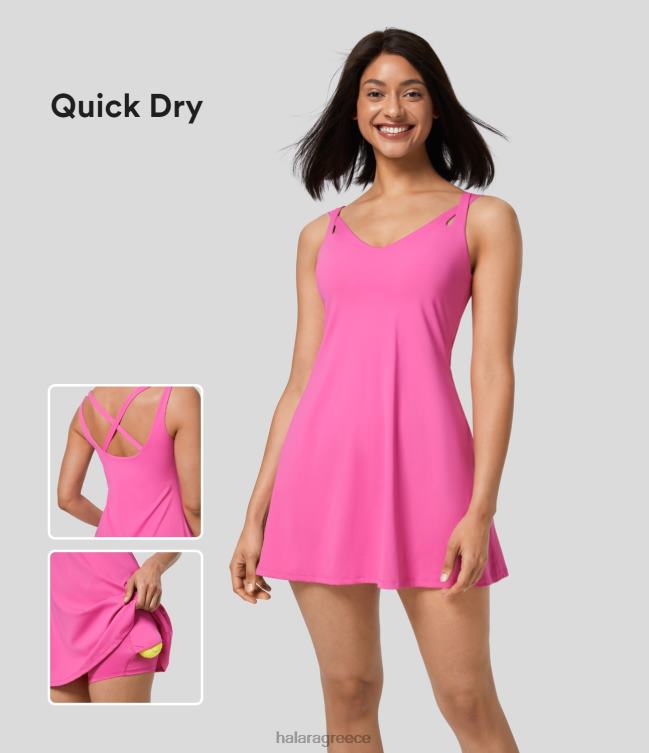 ενεργό φόρεμα τένις με σταυρωτό σταυρωτό 2 σε 1 πλαϊνή τσέπη γρήγορο στέγνωμα γυναίκες Halara 4TH82894 ενεργά ρούχα υπέροχο ροζ πούδρα