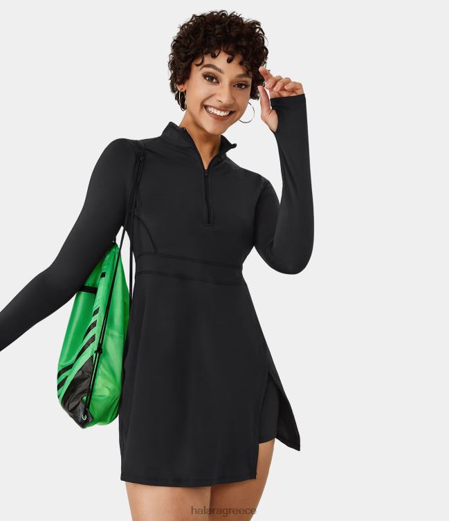 Φόρεμα με μισό φερμουάρ με τρύπα για τον αντίχειρα, ενεργό φόρεμα τσέπης 2 τεμαχίων γυναίκες Halara 4TH82776 ενεργά ρούχα μαύρος
