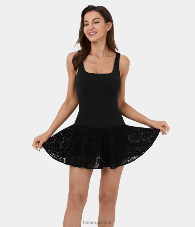 softlyzero αέρινη εξώπλατη δαντέλα στριφτής αντίθεσης 2 σε 1 flare μίνι δροσερό χορευτικό φόρεμα γυναίκες Halara 4TH82958 ενεργά ρούχα μαύρος