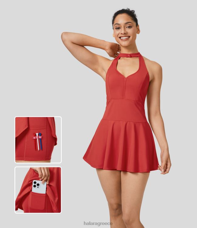 κουμπί v λαιμόκοψη αμάνικο 2 τεμαχίων πλαϊνής τσέπης flare μίνι γρήγορο στέγνωμα γκολφ ενεργό φόρεμα-τσέπη για μπλουζάκι γκολφ γυναίκες Halara 4TH82837 ενεργά ρούχα γενναία παπαρούνα