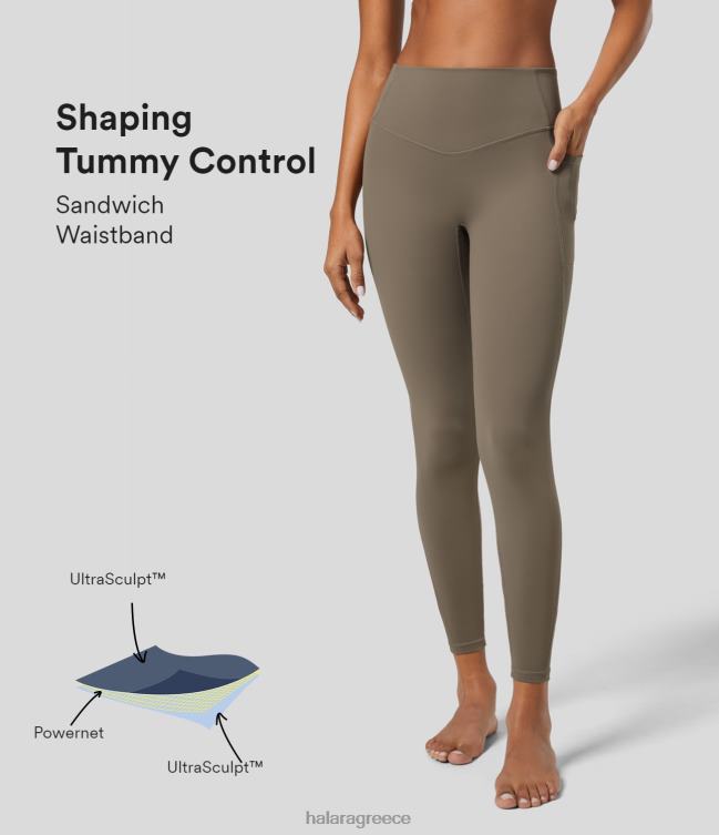 Κομψό ψηλόμεσο κολάν προπόνησης διαμόρφωσης πλαϊνής τσέπης ελέγχου κοιλιάς γυναίκες Halara 4TH821527 ενεργά ρούχα αυγή καφέ