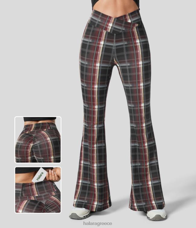 Ψηλόμεση crossover πίσω τσέπη, καρό κολάν γιόγκα super flare γυναίκες Halara 4TH82308 ενεργά ρούχα ηφαιστειακό κόκκινο πλέγμα