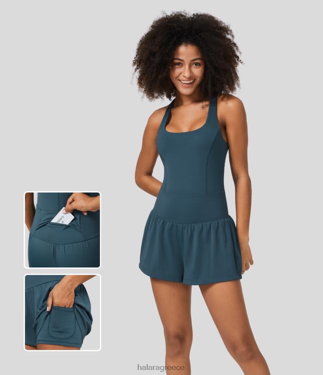 Ολόσωμη φόρμα γιόγκα με τετράγωνο λαιμό, στριφτό δάκρυ 2 σε 1 πίσω & πλαϊνή τσέπη γυναίκες Halara 4TH822097 ενεργά ρούχα μπλε μαγιόλικα