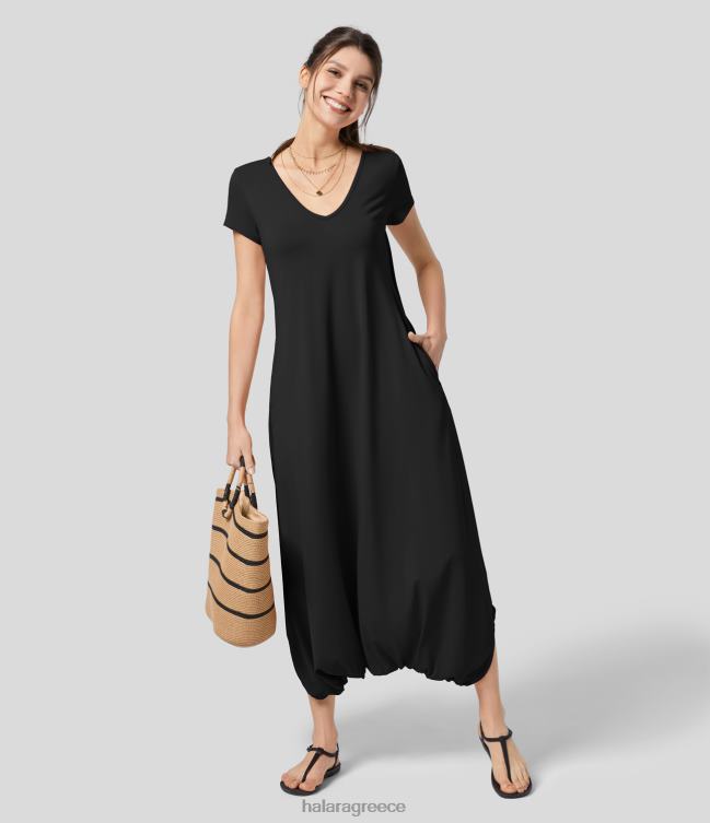 v ολόσωμη φόρμα resort με κοντό μανίκι σταυρωτή τσέπη στο πλάι γυναίκες Halara 4TH822084 ενεργά ρούχα μαύρος